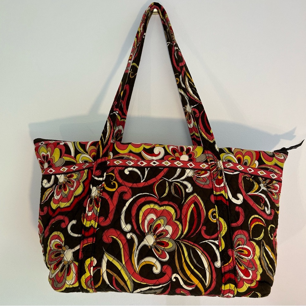 Vera Bradley Puccini Tote Bag Purse Brown Yellow Pink White Pockets Large - Picture 6 of 12